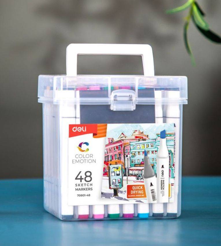 Deli Coffret de 48 Marqueurs Professionnels – Feutres à Double Pointe (1mm & 7mm) à Encre Alcool pour Dessin, Croquis et Illustration